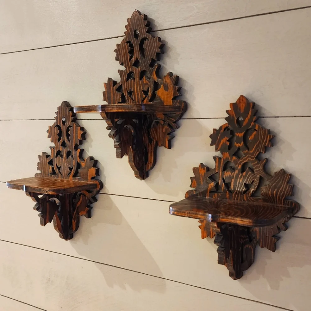 Set of three vintage hobby made plywood ornate scroll fretwork shelves